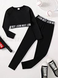 Spring and autumn fashion girls 2 sets of black crewneck letter print long sleeve top + black slim-fit sweatpants