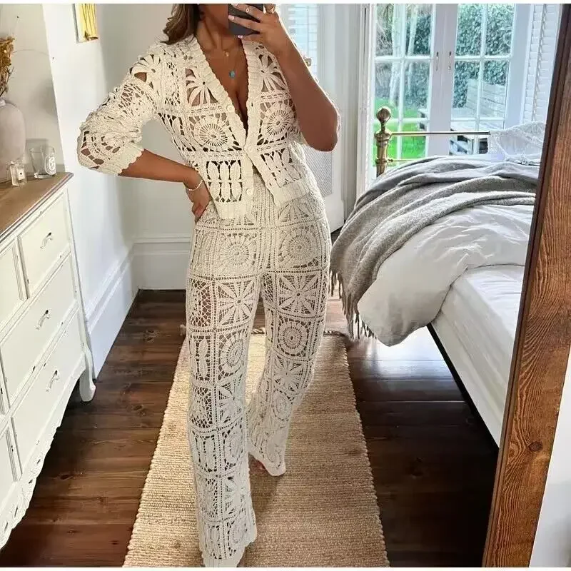 V-Ne Knitted Hollow Out 2 Piece Set Womens High Waist 2026 Fashion Set Women's Long Sve Suit