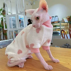 Pink Heart Warm Fleece Jumpsuit for Sphyinx Cat Plush Belly-wrapped Winter Sweater for Hairless Cat Spring Coat for Female Cat