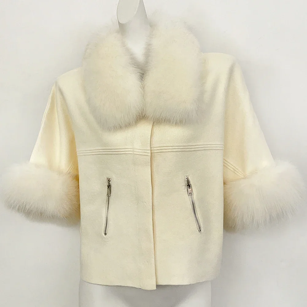 OFTBUY Herbst-Oberbekleidung für Damen, Kurze Batwing-Strickjacke mit Echtfuchs-Pelzkragen und -Manschetten, Kurzer Strickmantel für Damen – Detail 24