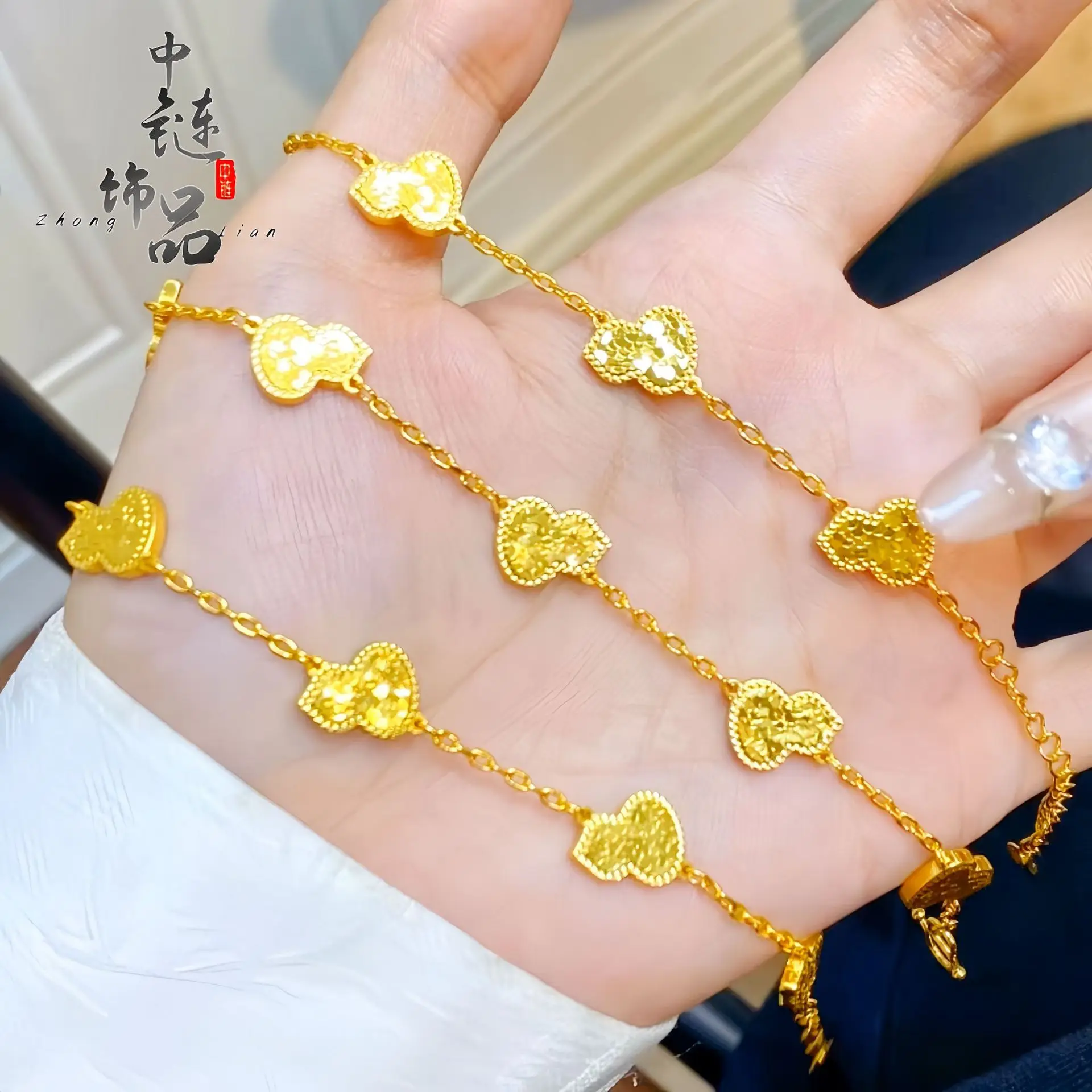 9999 gold dazzling ice cube pendant bracelet - Trendy Chinese style double-sided carved ice cube pendant bracelet