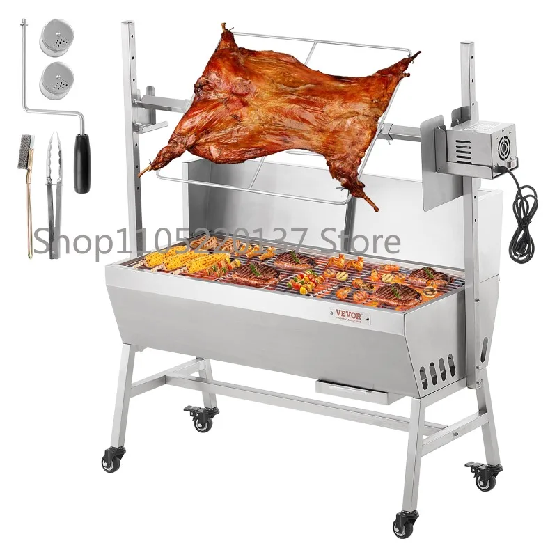 SucceBuy 35inch Rotisserie Grill Electric Motor Charcoal Spit Grill Stainless Steel Roaster w/Lockable Wheels for Camping
