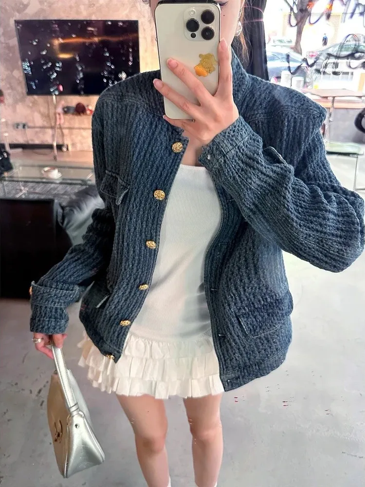 

Джинсовый кардиган с ретро-текстурой для женщин, осенне-зимний дизайн, стильный кардиган в стиле маленького французского пиджака