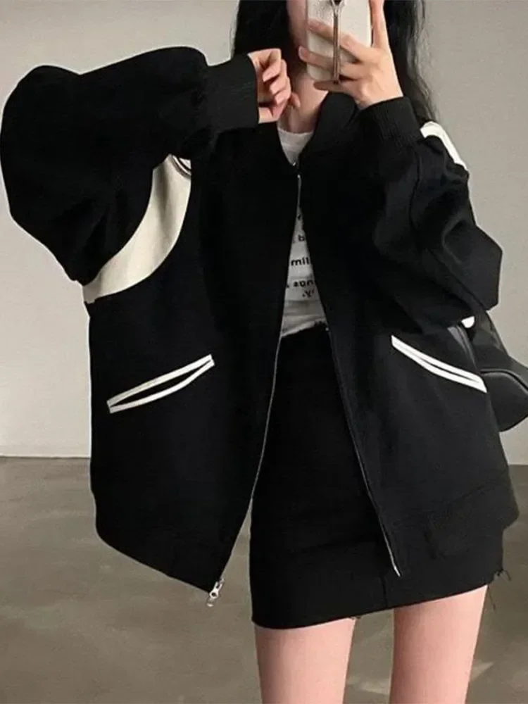 

Women Vintage Zipper Black Patchwork Baseball Coat Oversized Bomber Jacket Female Korean Fashion Autumn Casual Loose Windbreaker