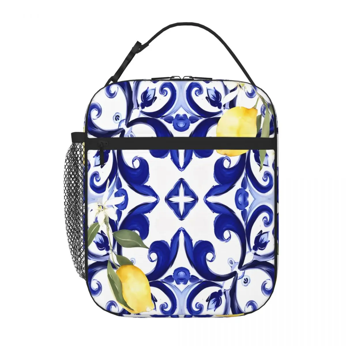 Bestselling Summer,blue Tiles,mosaic,Sicilian Style, Pattern Picnic Style Leakproof Lunch Bag Bus Trip Insulated Food Bag