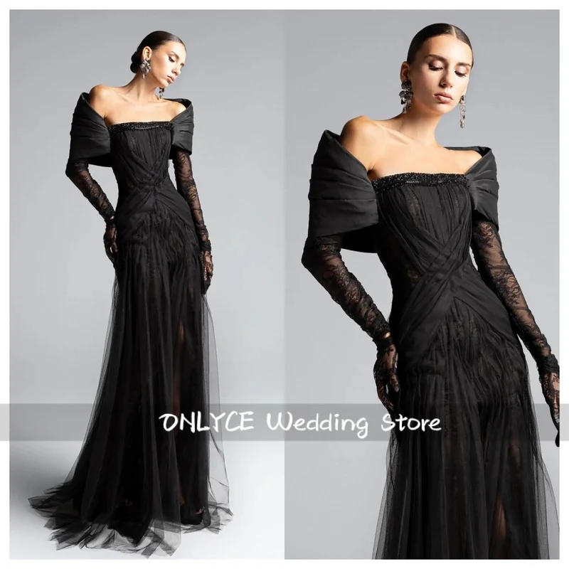 Vestido de noite de tule preto moderno personalizado fora do ombro mangas compridas vestido de baile requintado ocasião especial
