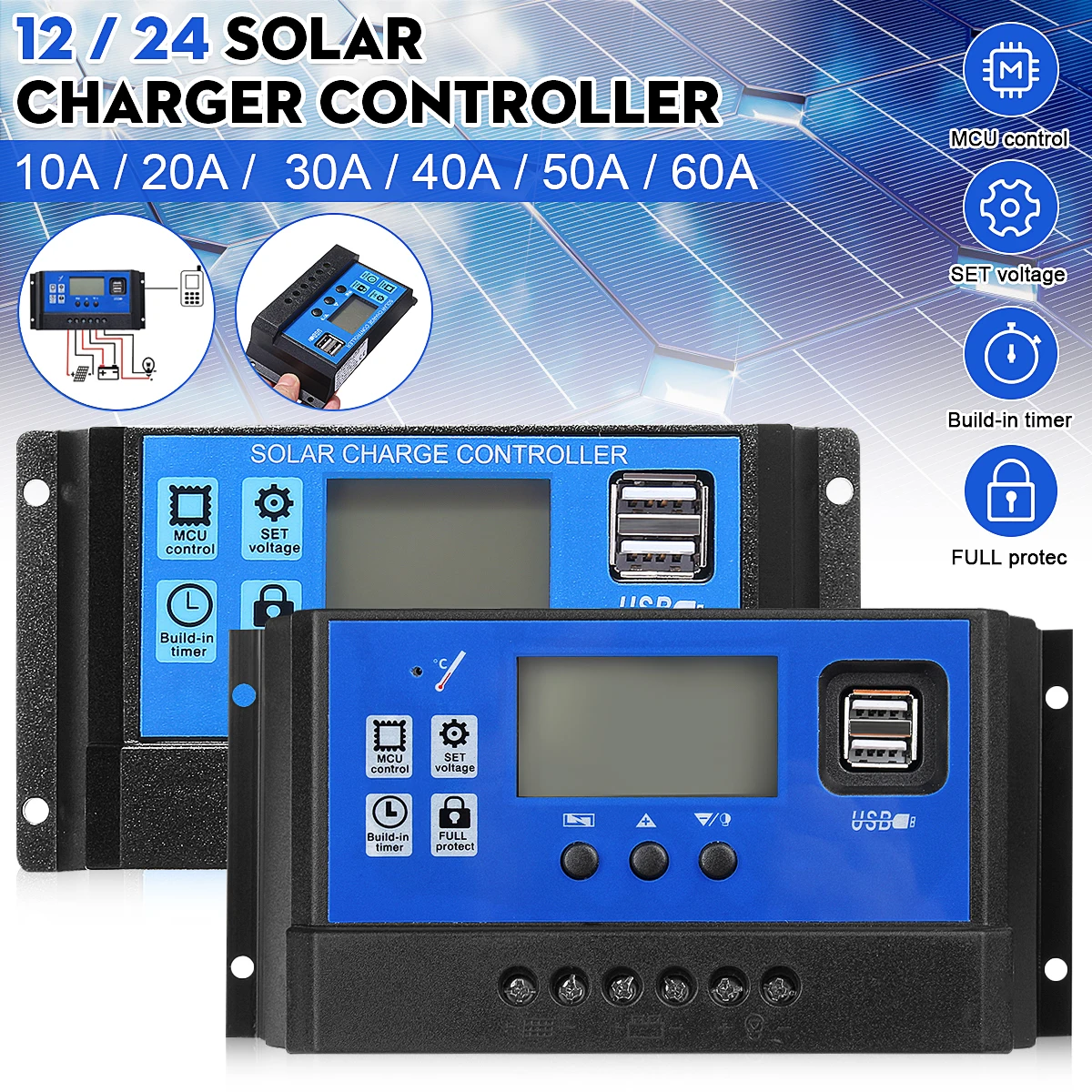 Controlador de carga y descarga Solar PWM, pantalla LCD, USB Dual, regulador de cargador de Panel Solar automático, 10/20/30/40/50/60/100A