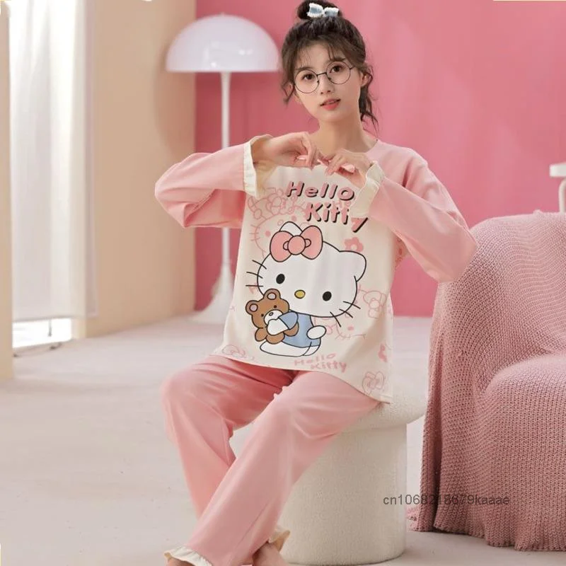 Sanrio Hello Kitty Kuromi Cinnamoroll My Melody Pochacco Pure Cotton Sleepwear Women New Cute Cartoon Long Sleeved Home Suit Set