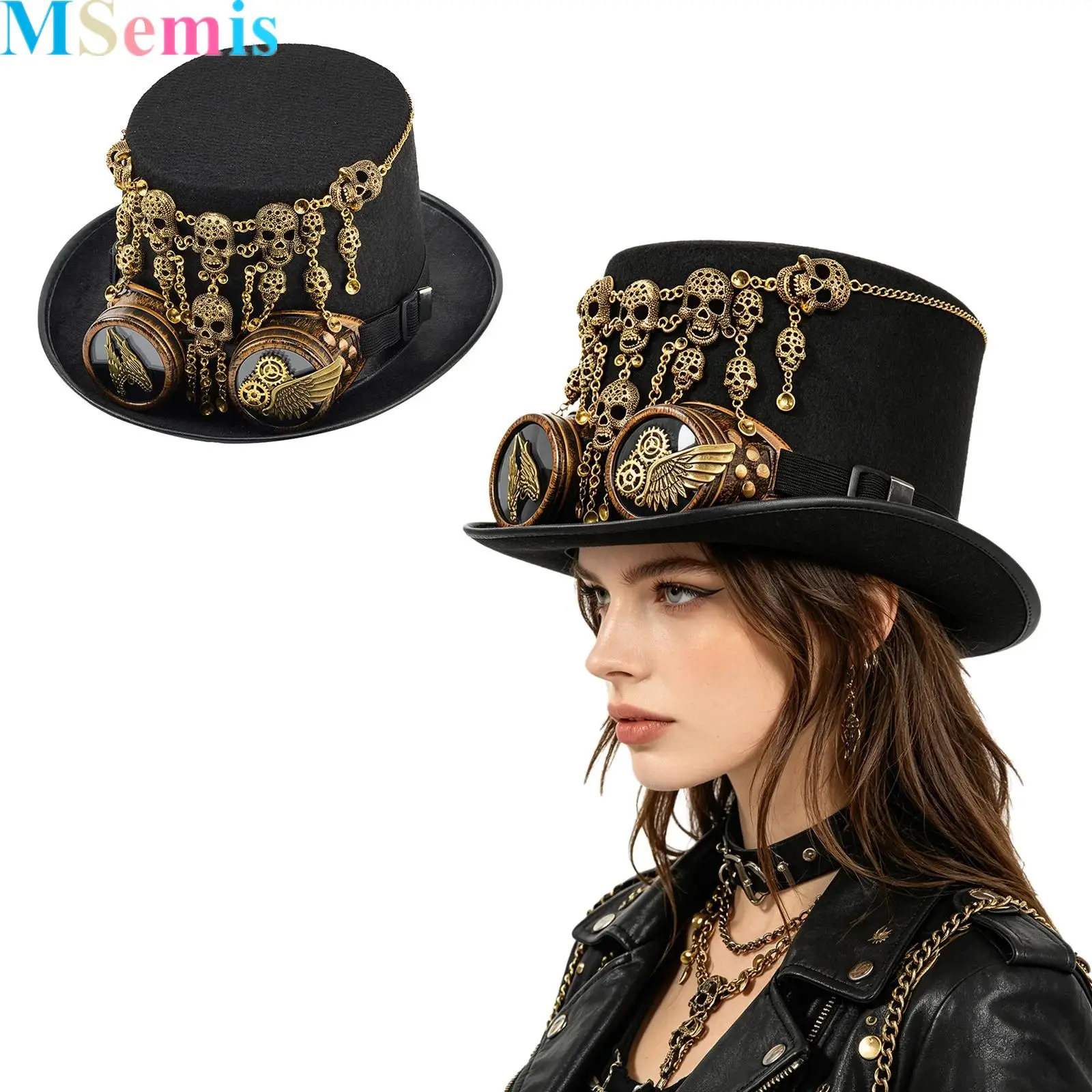 Unisex Men Women Gothic Punk Hat Decorated Top Hat for Cosplay Masquerade Halloween Theme Party