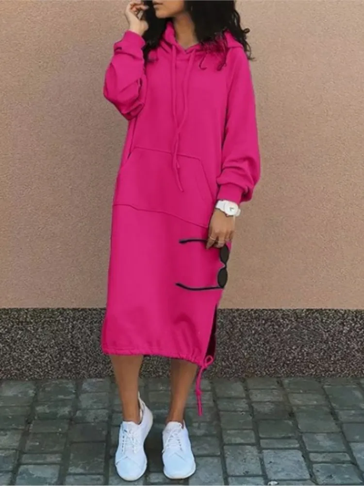 

Casual Solid Color Hoodie Dresses Women Fashion Pocket Drawstring Slit Pullover Hooded Sweatshirt Dress Autumn Winter Vestidos