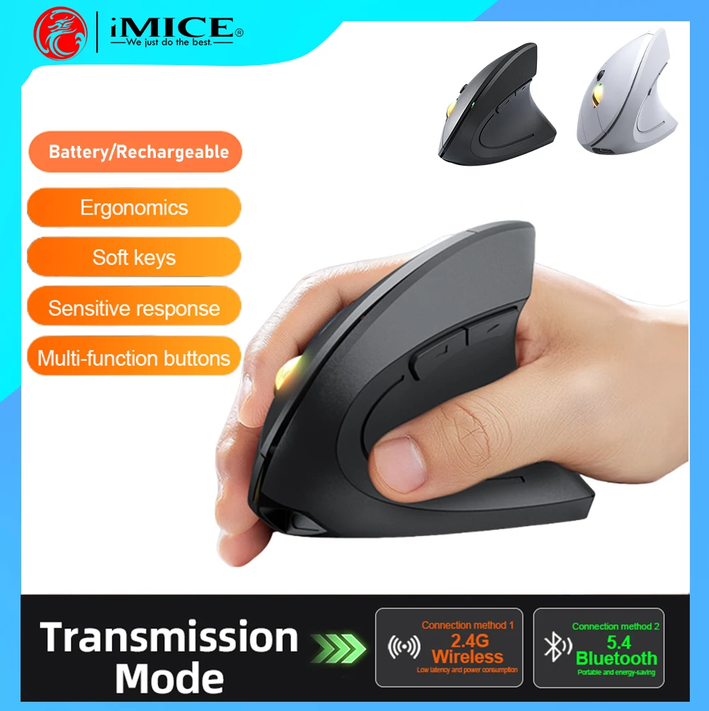 

2.4GHz Bluetooth Wireless Optical Mice Vertical Mouse Ergonomic 3 Adjustable 1600DPI 6 Buttons for Laptop PC Computer Desktop