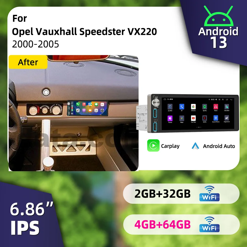 6,86-дюймовая автомобильная магнитола Android 1Din для Opel Vauxhall Speedster VX220 2000-2005, автомагнитола с экраном, поддержкой Carplay и GPS.