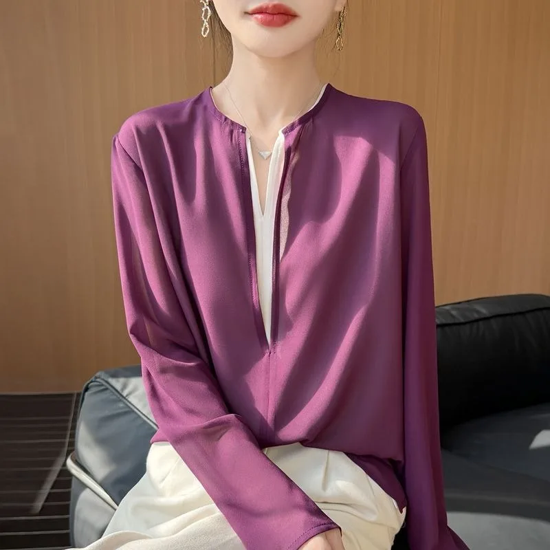 Women Two Piece V Neck Tencel Blouse Long Sleeve Draped Thin Casual Shirt For Spring Summer