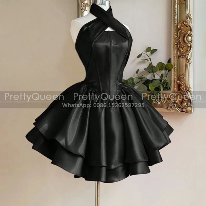 Black Short Bridesmaid Dresses Tiered A Line Customized Criss Cross Halter Mini Wedding Party Dress For Women