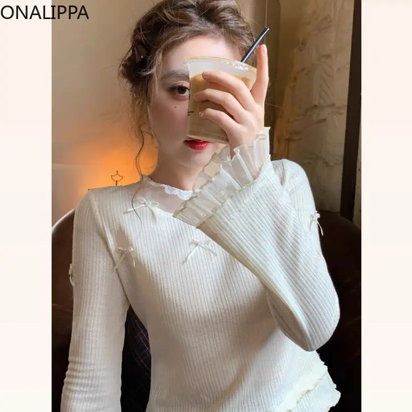 Onalippa Mesh Wood Ear Hem Bows Sweater Women Patchwork Solid Three Dimensional Bottoming Sweaters French Elastic Sweet Tops