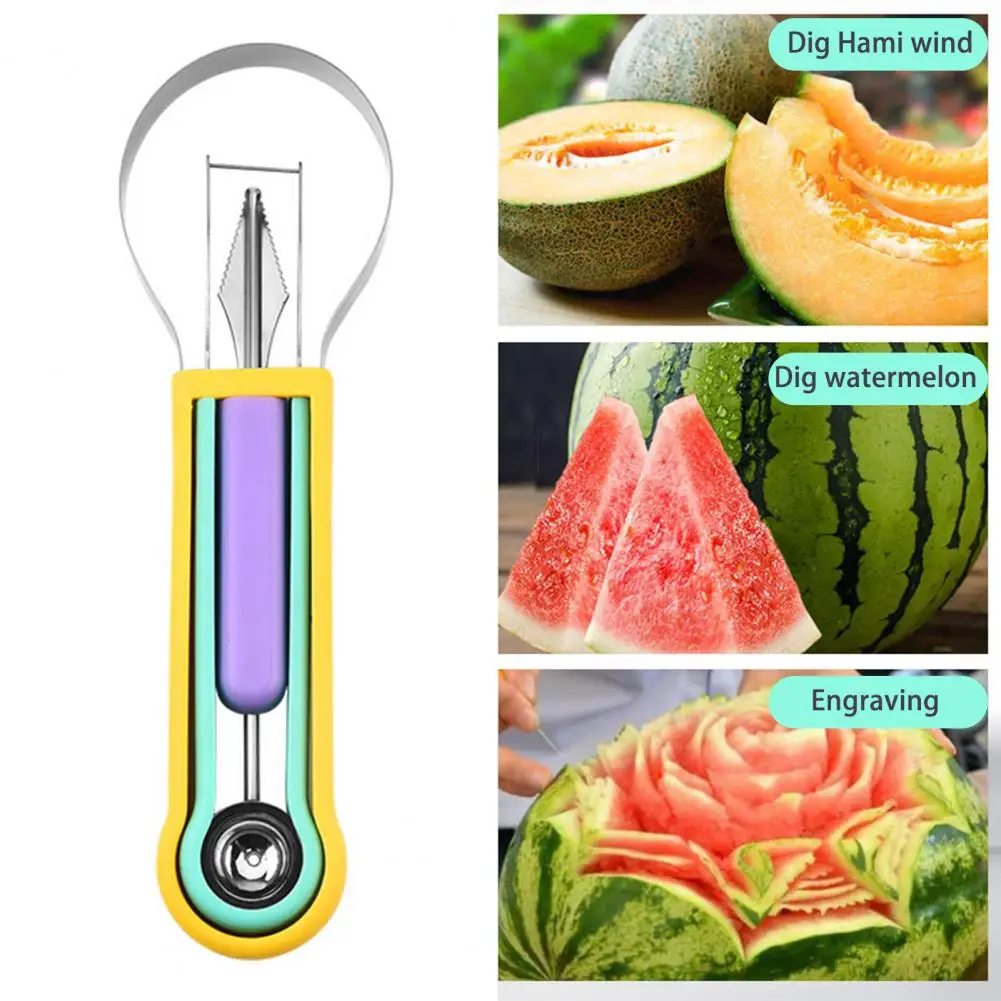 3-In-1 Fruit Cutter Set Stainless Steel Melon Scoop Watermelon Cutter Tool Cantaloupe Dragon Fruit Ice Cream Gadget Ball Maker