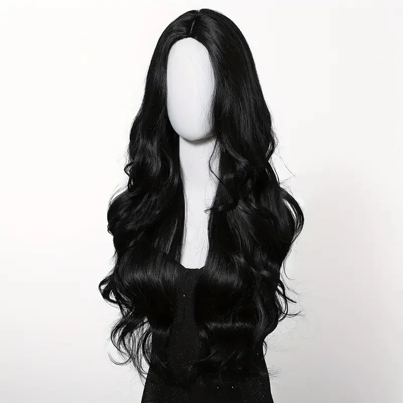 Peluca sintética negra con cabello largo dividido al medio y ondas grandes, para fiestas o uso diario, con gorro de fibra sintética de alta temperatura 3