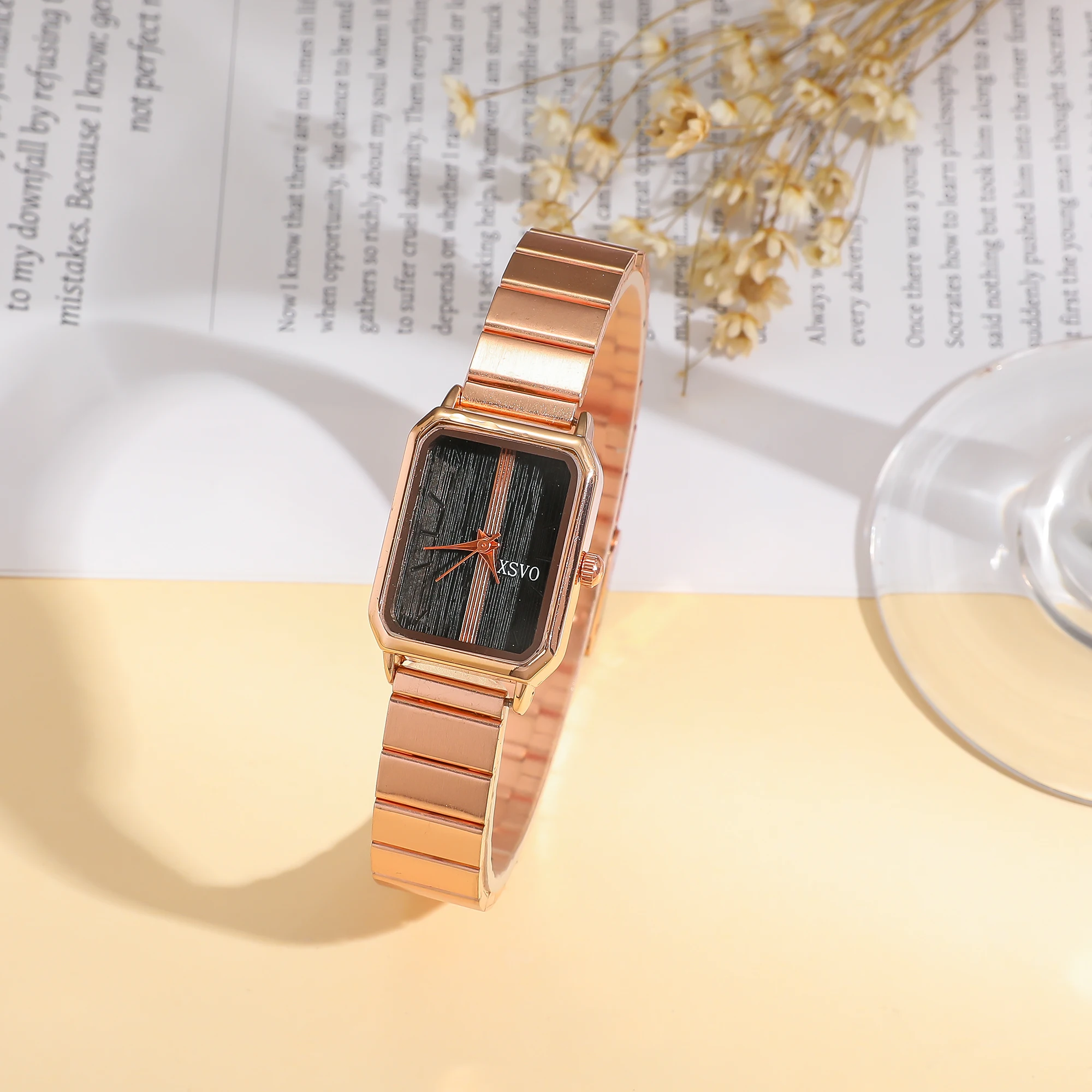 

Элегантные женские часы квадратной формы цвета розового золота, черный циферблат, браслет из нержавеющей стали, минималистичные модные кварцевые наручные часы, для повседневного ношения G