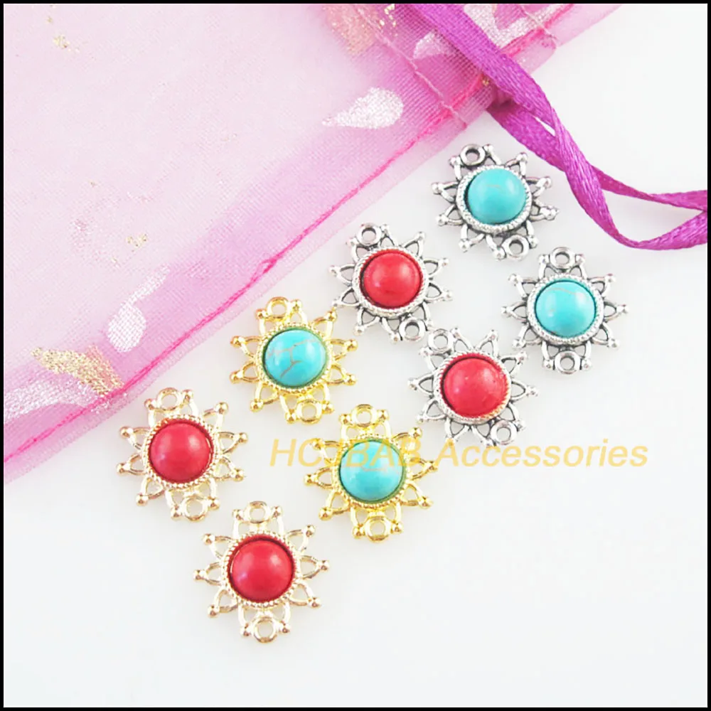 Fashion 20Pcs Retro Gold Color Tibetan Silver Tone Sun Flower Round Blue&Red Stone Charms Connectors 14x15mm