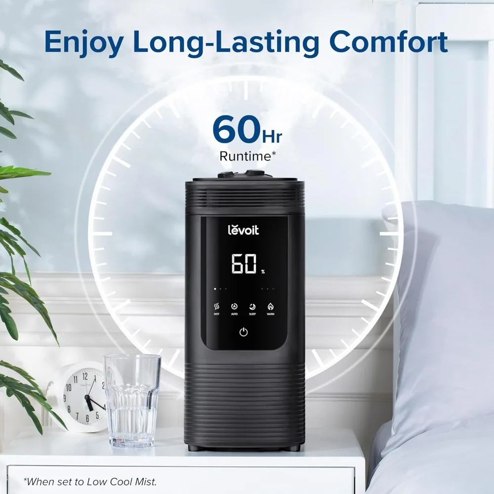 6L Smart Warm and Cool Mist Humidifiers for Home Bedroom, 60H Runtime and Auto Customized Humidity, Easy Top Fill, Whisper-Quiet