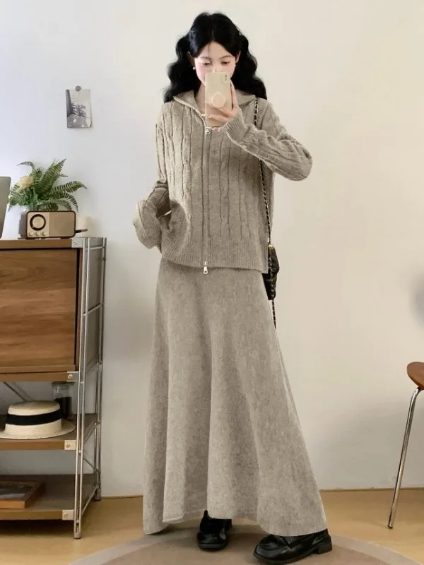 Großes Herbst-Winter-Set aus Strickpullover und Rock, zweiteiliges Ensemble, grob gestrickte Kleidung im koreanischen Stil für den Alltag.