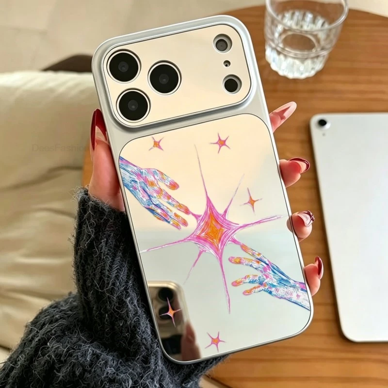 Rainbow Hues Series Silver Mirror Large Window Lens Protect Case For iPhone 18 17 16 15 14 13 12 11 Pro Max Shockproof Cover