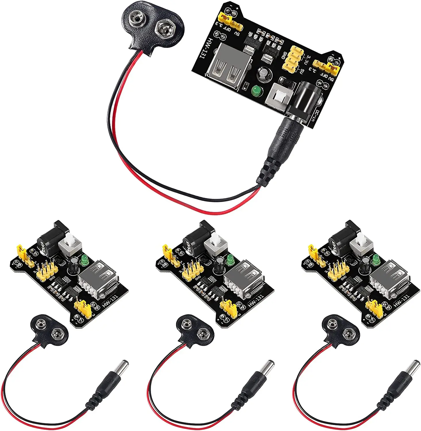 4 pces mb102 placa de pão módulo de alimentação dc 6.5-12v usb com 9v bateria clipe cabo de alimentação 2.1x5.5mm macho dc plug para arduino