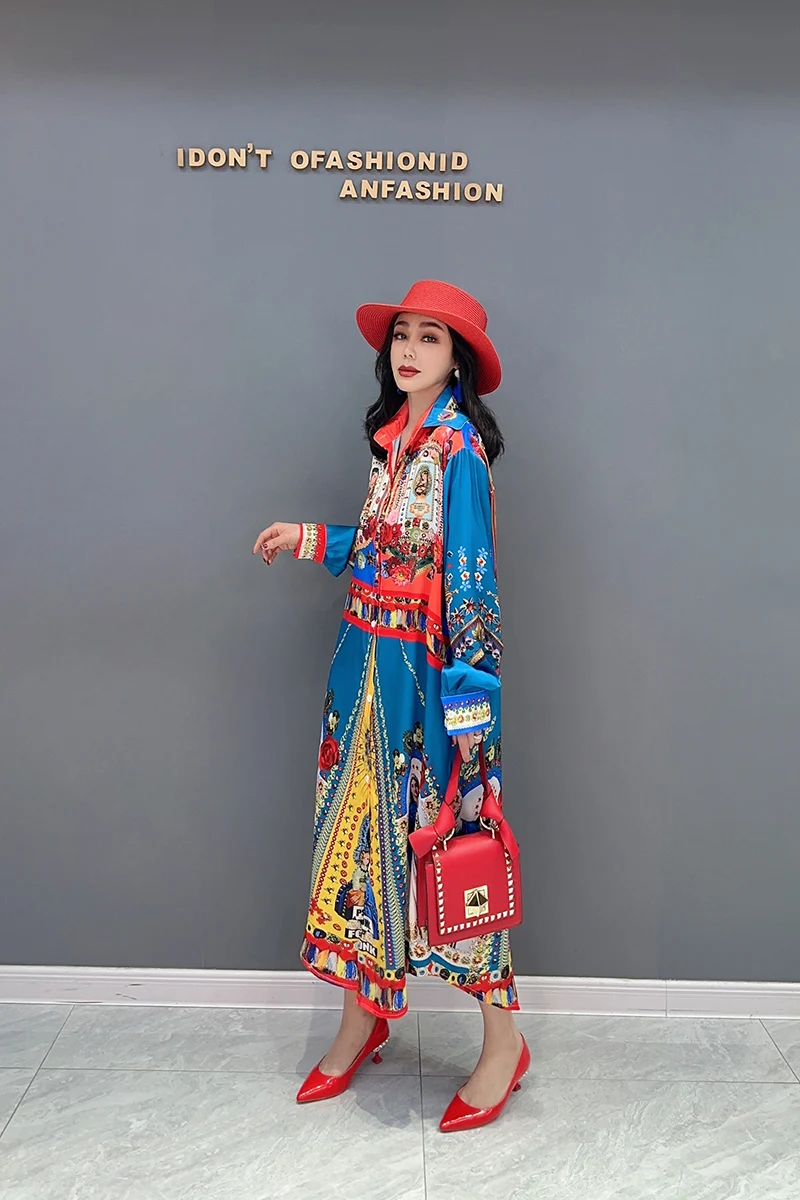 2024 Autumn New Elegant Printed POLO Collar Loose Shirts Long Dress Women Fashion Long Sleeve Dress Wholesale J563