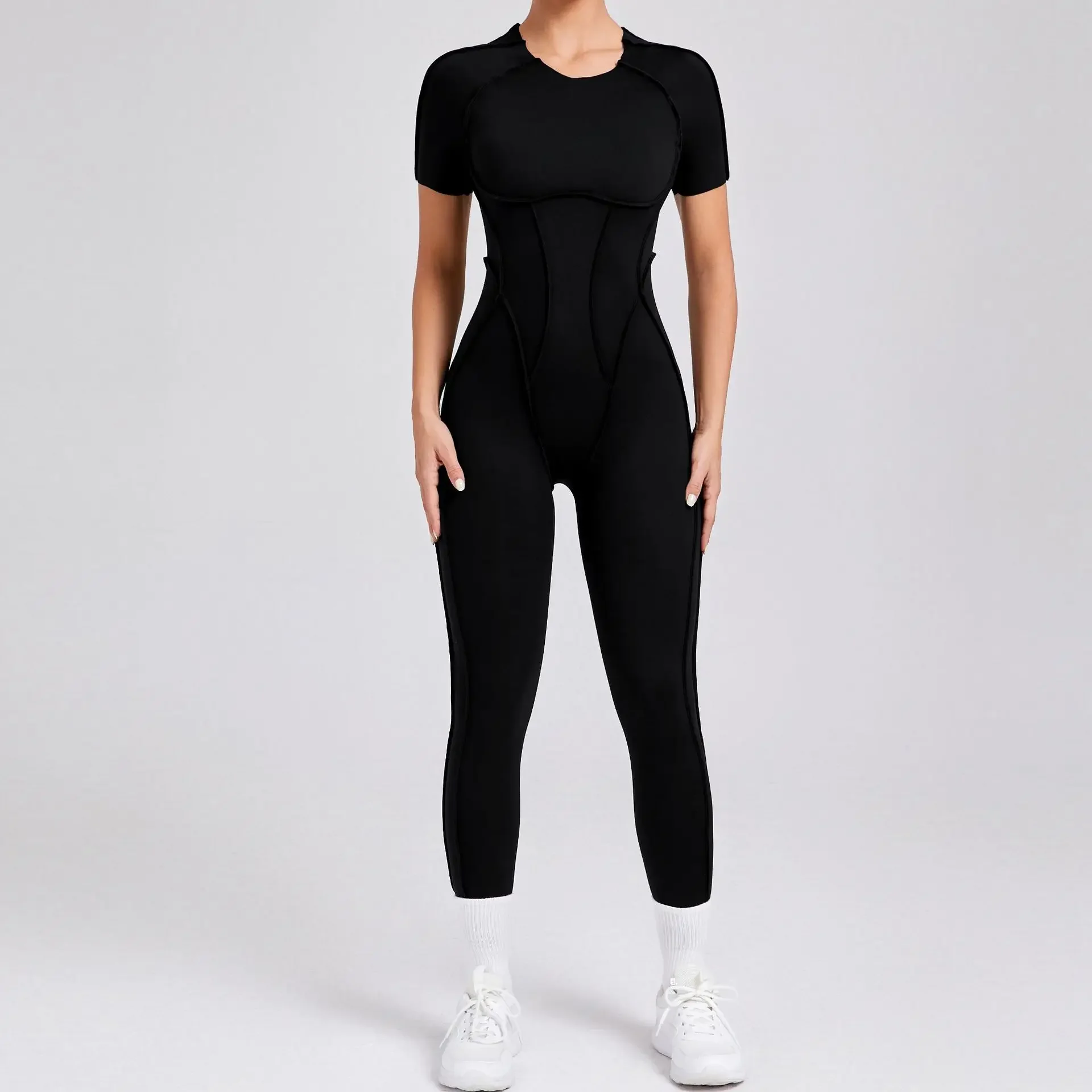 Women Sport Yoga Jumpsuit Short Sleeve Hollow Out Back Open Outfit Fitness Tracksuit Stretch Workout One-piece Gym Overalls