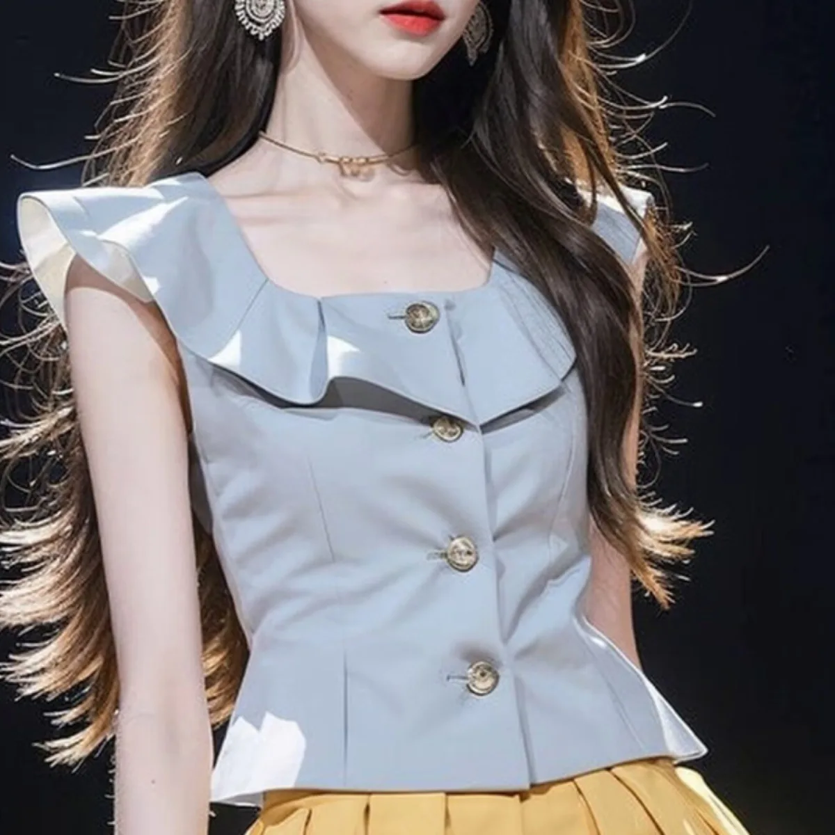 Ele bleu femmes haut ceinturé taille ort Sve col carré Faionable trajet Sle Unique luxe sensation été irt