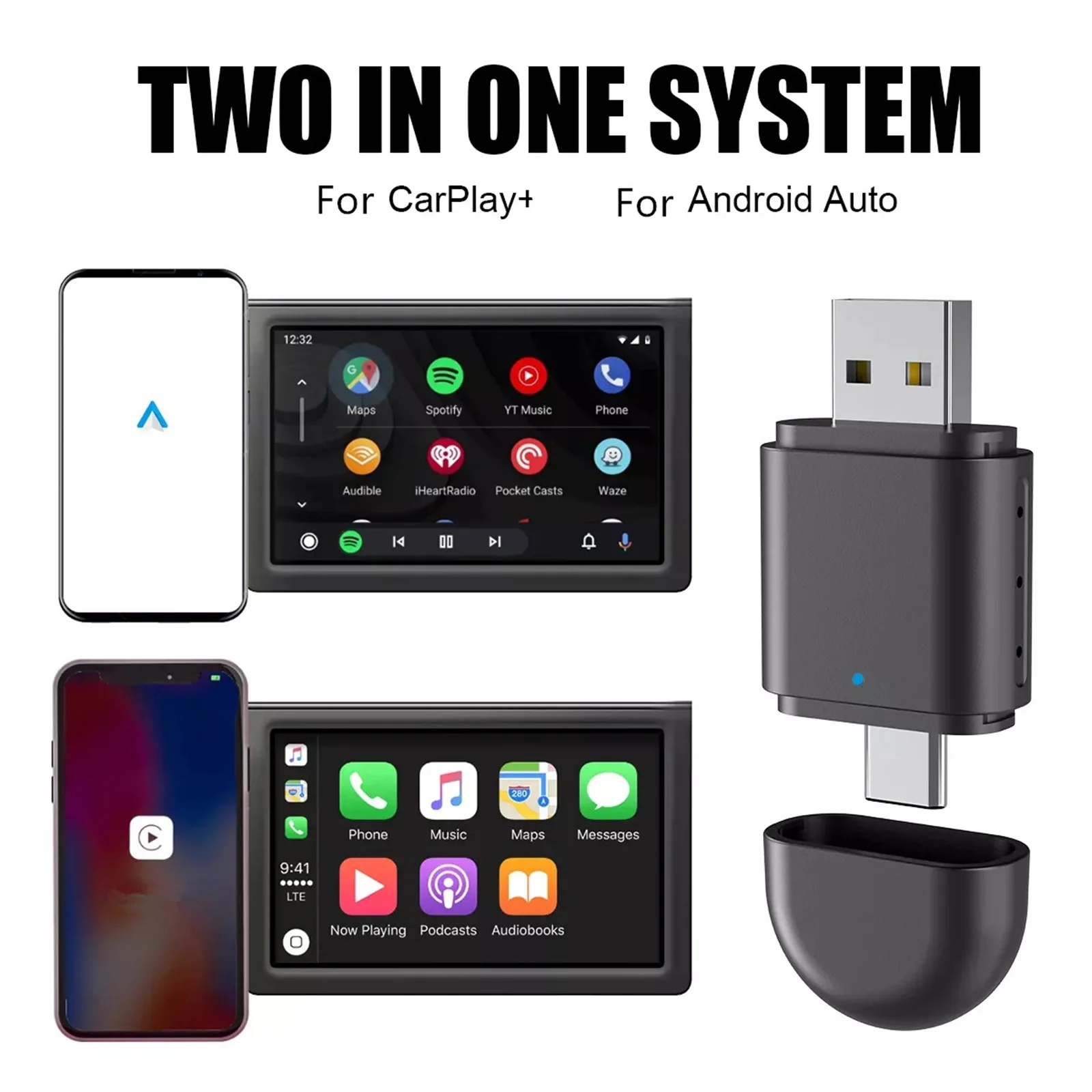 New Wireless Adapter For CarPlay For Android Auto 2 in 1 Wireless Adapter Smart USB Dongle USB&Type-C Connector Car Accessories