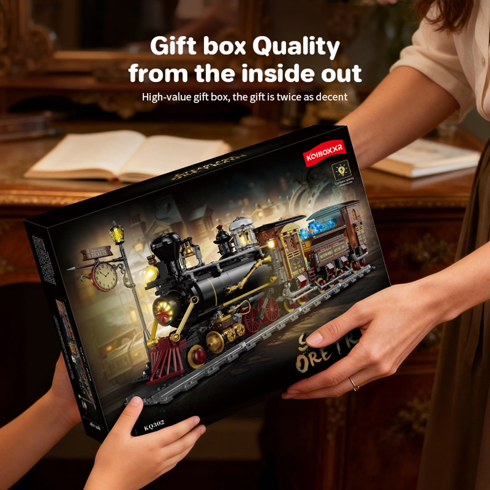KQ302 1402 pièces Train de minerai mécanique blocs de construction Steampunk créatifs avec lumières LED pour adultes