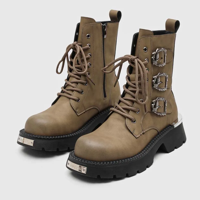 Autumn Winter Men Retro Metal High Top Three Set Buckle Decoration Height Increasing Anti Slip Fashionable Motorcycle Men Boots