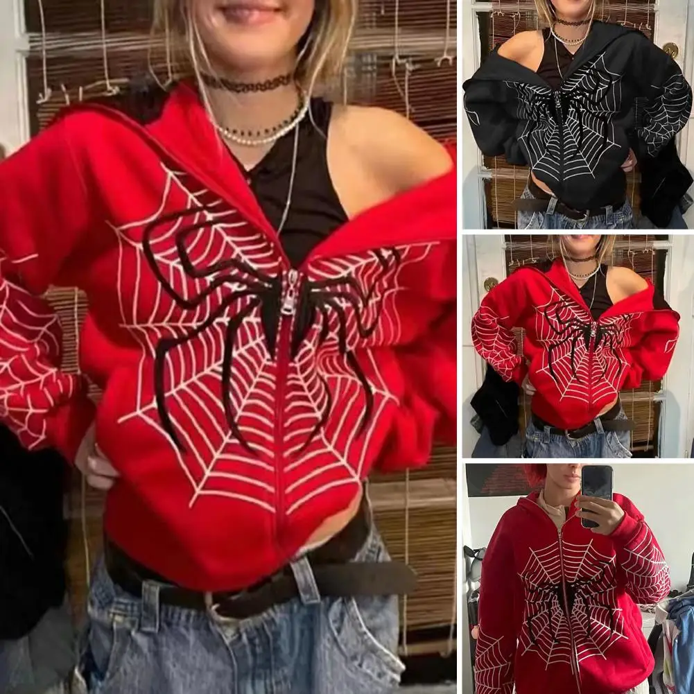 Spider Web Red Graphic Hoodies Men's Clothing Warm Harajuku Vintage Grunge Zip Up Hoodie For Men And Women Sweatshirt Tops