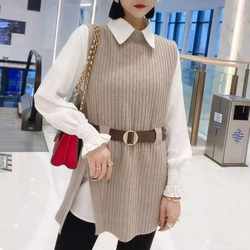 Autumn Winter New Fashion Turn-down Collar Long Sleeve Solid Blouses Women's Clothing Two Piece Set Knitting Vest Korean Tops