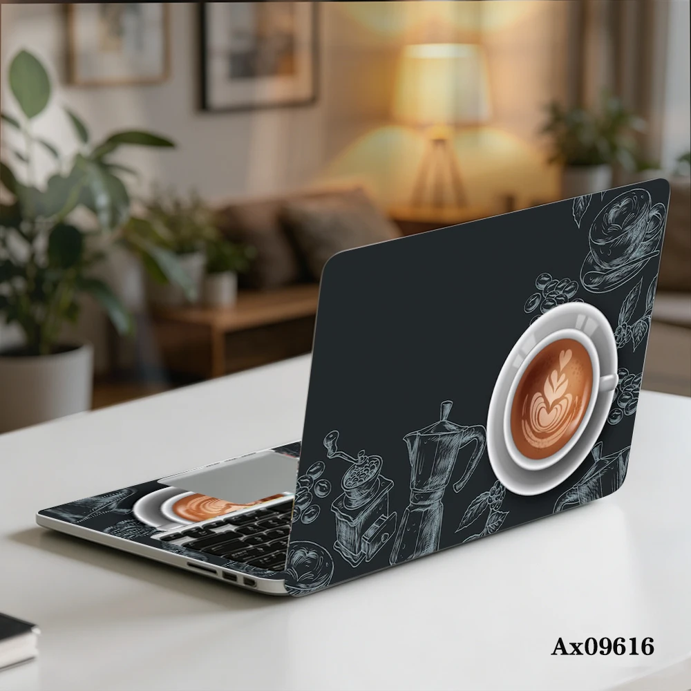 2Pcs Coffee Theme Laptop Skin Stickers Self‑Adhesive Anti‑Scratch Waterproof Cover Sticker for Most 13‑16 Inch Notebook Decor