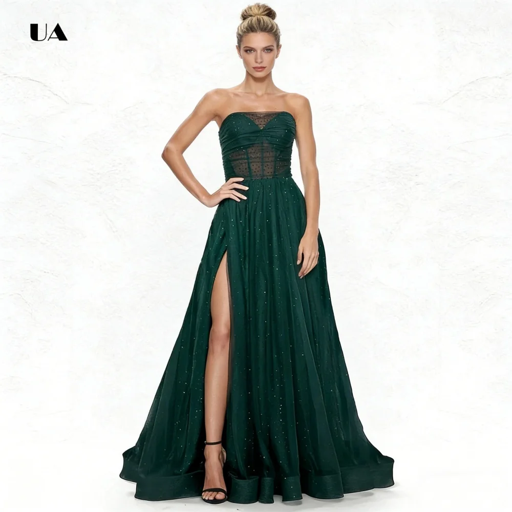 반짝이는 튤 A라인 프로미 드레스, 환상적인 스트랩리스 디자인, 솔리드 슬릿 이브닝 드레스, 여성용 섹시 맞춤 파티 가운