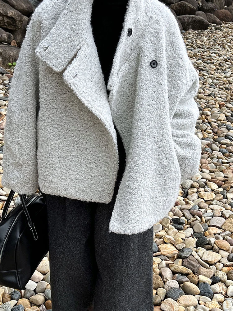 [EAM] Gray 55% Wool Big Size Thick Warm Woolen Coat New Stand Collar Long Sleeve Women Jacket Fashion Autumn Winter 2024 1DH7904