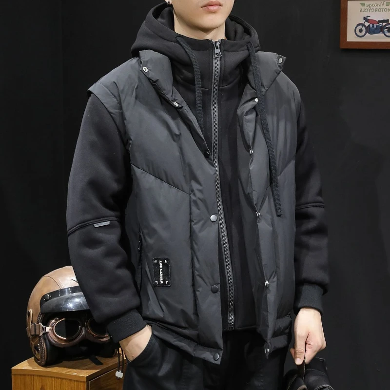 Men's Hooded Fake Two-Piece Padded Jacket 2026 Winter Trendy Workwear Splice Plus Size Coat