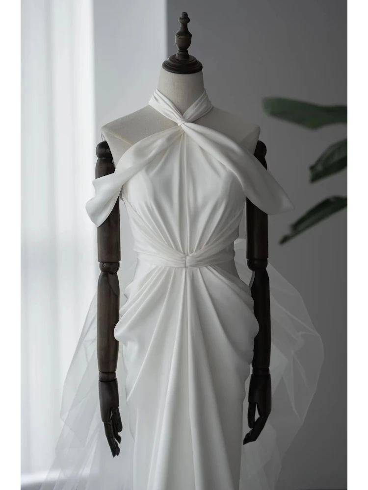 Customized Twist Halter Off Shoulder Satin Mermaid Wedding Dress Draped Waist Multi Layer Cascading Tulle Train Bridal Reception