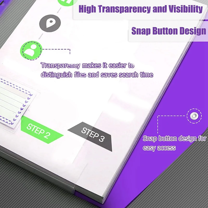링 바인더 폴더용 확장 가능한 투명 플라스틱 봉투, A4 바인더 포켓, 스냅 단추, 12 개