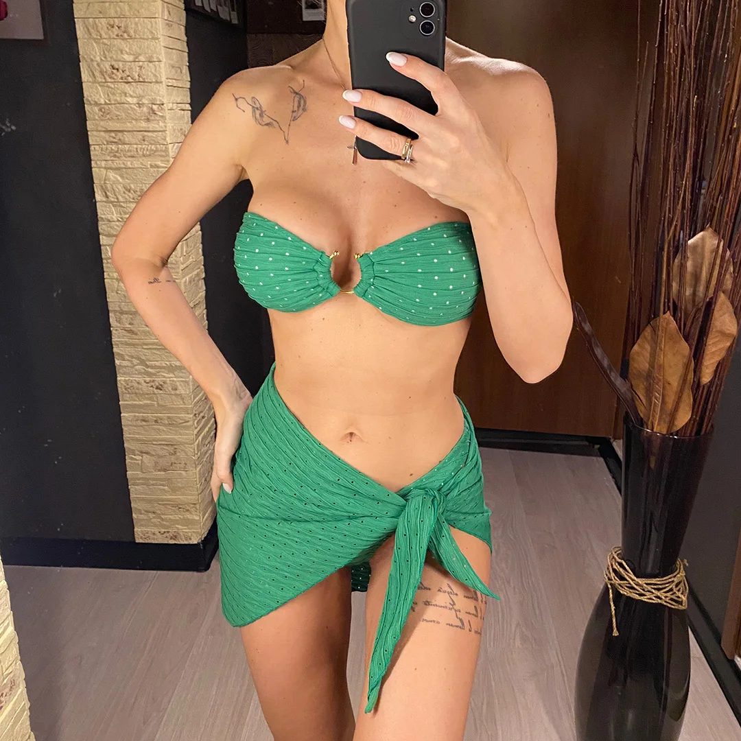Sexy Bikini-Set mit Sarong-Bandeau, mittelhoher Taille, dreiteilig, Damen-Badeanzug, Badebekleidung, Badeanzug, Schwimmbekleidung V4242 – Detail 2