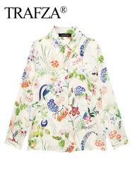 TRAFZA 2024 Floral Blouses Women’s Printed Button-Down Shirts Long Sleeve Shirts & Shirts Women’s Summer Collar Shirts