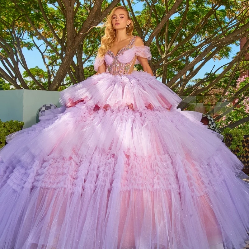 Rosa quinceanera vestidos fora do ombro apliques miçangas cristal em camadas tull festa de aniversário doce 16 vestido vestidos 15 anos