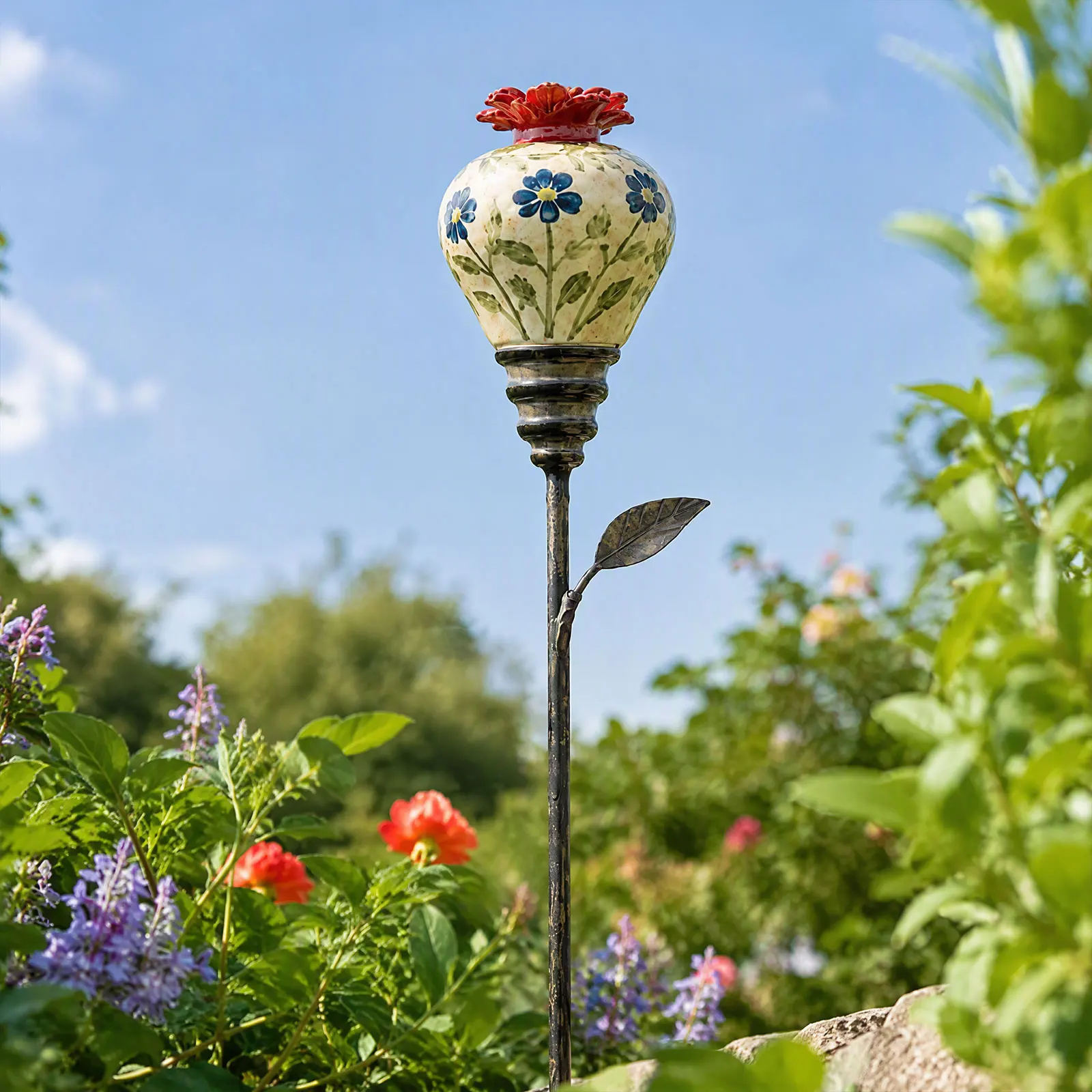 Hummingbird Feeder Vintage Metal Flower Design Garden Stake Bee Watering Station Rustic Farmhouse Outdoor Decor