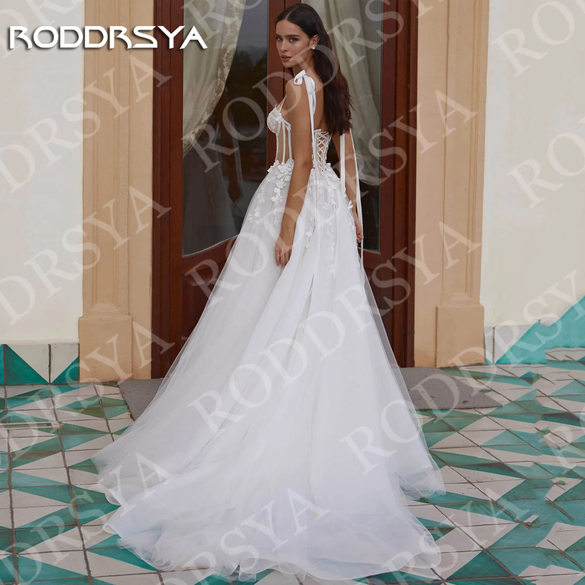 RODDRSYA السباغيتي حزام ألف خط فساتين الزفاف أنيقة يزين تول الدانتيل فستان زفاف الشاطئ مخصص حزام سباغيتي خط فساتين الزفاف الأنيقة التطبيقات تول الدانتيل شاطئ فستان العروس مخصصة