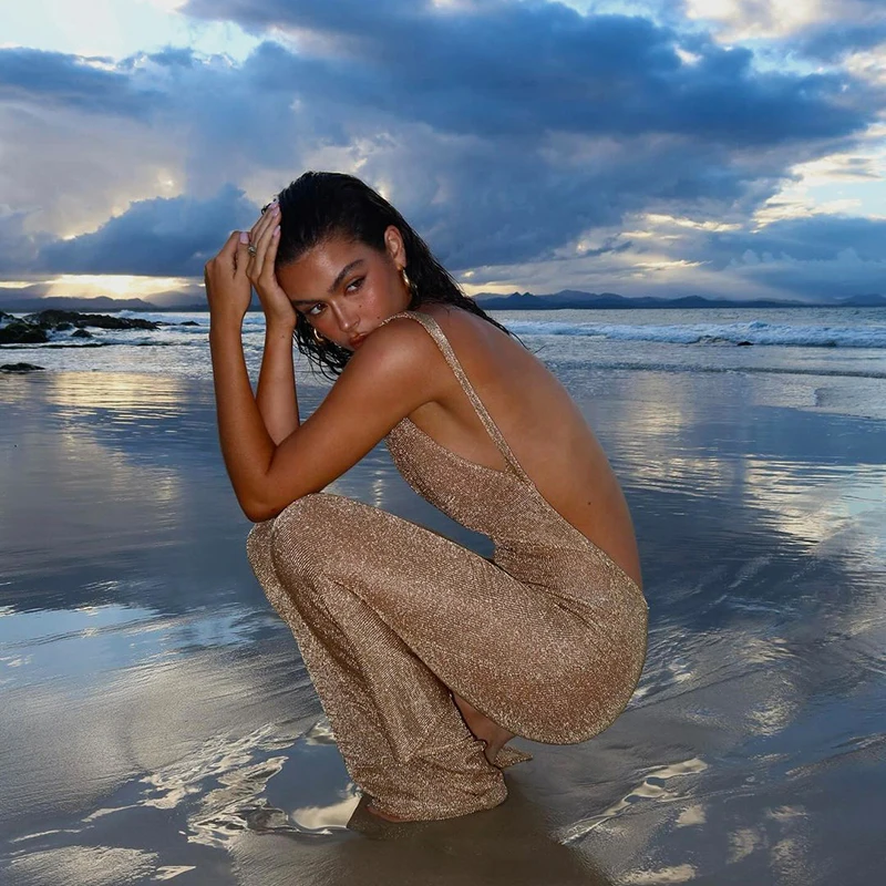 Women's New Sexy Backless Slim Solid Color Split Spaghetti Strap Maxi Bodycon Dress Beach Holiday