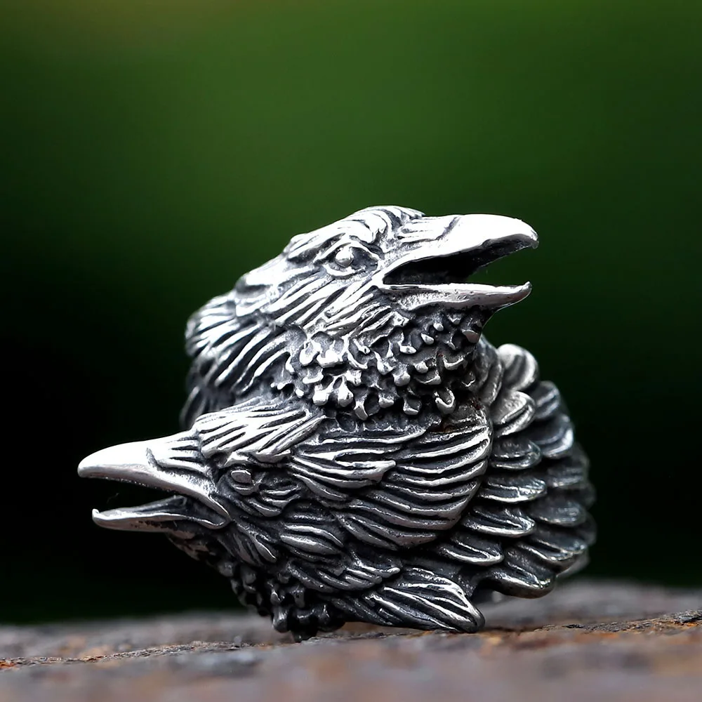 2023 NEUE Herrenringe aus 316L Edelstahl, Nordischer Wikinger Odin Doppelköpfiger Vogelkopf-Tierring, Amulett-Schmuck, Kostenloser Versand