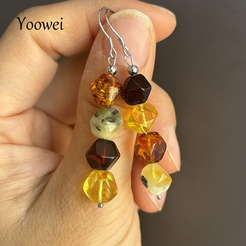 Multicolor Amber Earrings for Women Gift S925 Silver Gorgeous Dangling Earring Baltic 2026 New Unique Faceted Real Amber Jewelry