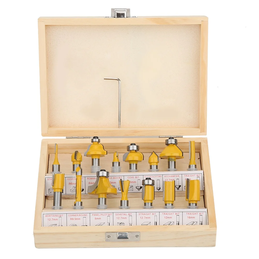 15Pcs/Set Cemented Carbide Router Bit Woodworking Milling Cutter Kit with Storage Box8mm Shank Router Bit with Box